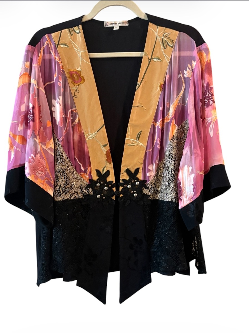 VINTAGE Spencer Alexis Floral Kimono Jacket Sheer Boho Open Front XL - Picture 2 of 16